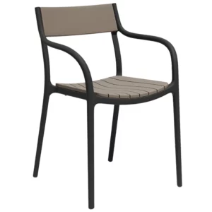 Madison Slats Armchair in black resin with a beige upholstered seat pad, front view. Contemporary, ergonomic, and durable.