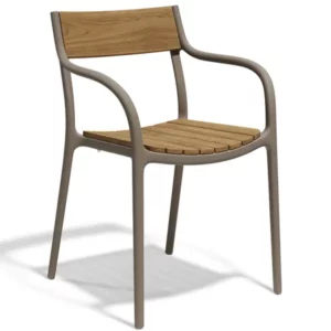 Madison W Armchair with a gray polypropylene frame and a wooden seat and back, perfect for commercial outdoor furniture.