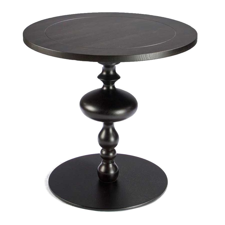 Marie Round Dining Table in dark wood, showcasing its round top and sculpted turned leg detail against a white background.