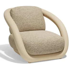 Beige Mel Lounge Chair with curved arms and textured upholstery, showcasing its modern design and comfortable seating.