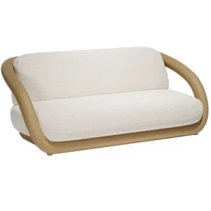 An inviting view showcases the Mel Sofa, featuring plush, cream-colored upholstery and a modern, light brown polyethylene frame designed for outdoors.
