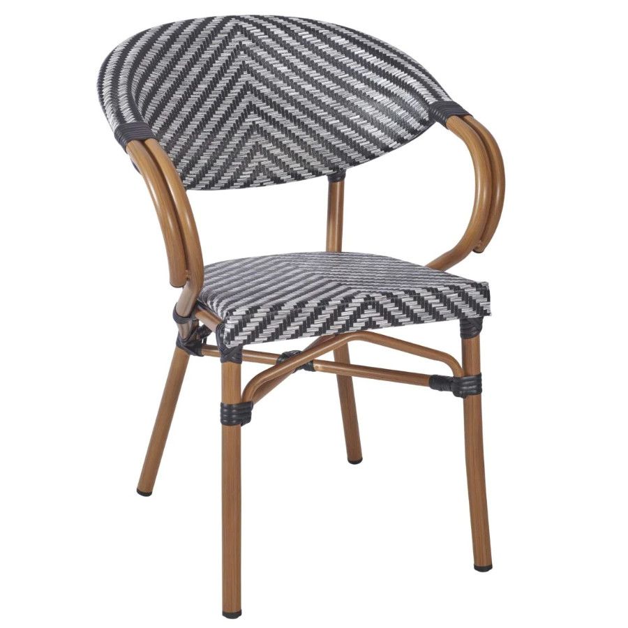 Front view of Montpellier armchair featuring a woven seat and back with a metal frame. Stackable outdoor chair for restaurants and hotels.