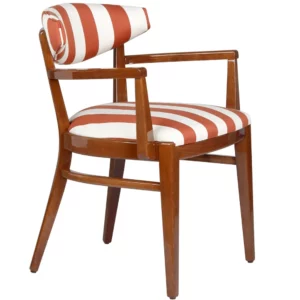 Angled shot of the Moon Armchair featuring a striped orange and white upholstered seat and back, and a wooden frame.