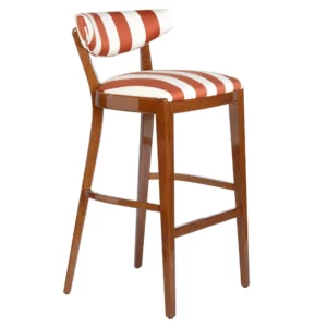 Moon Barstool with a wooden frame, upholstered in orange and white stripes, perfect for commercial environments.