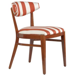 Angled view of a Moon Side Chair with a wooden frame and red and white striped upholstered seat and back.