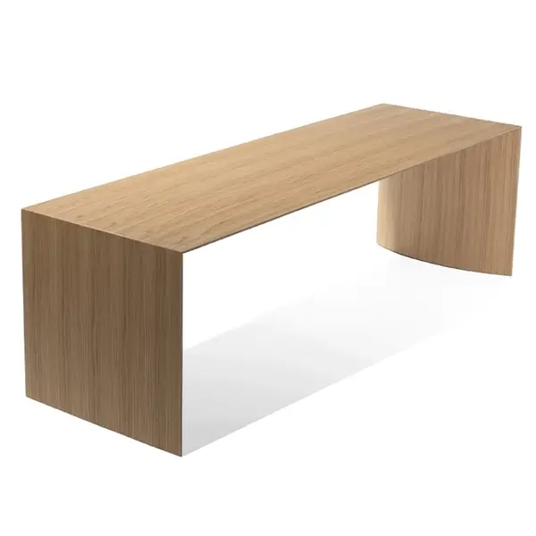 Eye-level shot of the Museum Bench, revealing its light wood tone, waterfall edges, and minimalist form against a white background.