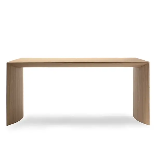Sophisticated Museum Bench, showcasing a light wood finish and simple design with waterfall edges in a studio setting.