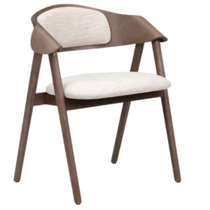 Angled view of the Ondina Armchair featuring a curved wooden frame and upholstered seat and back in neutral fabric.