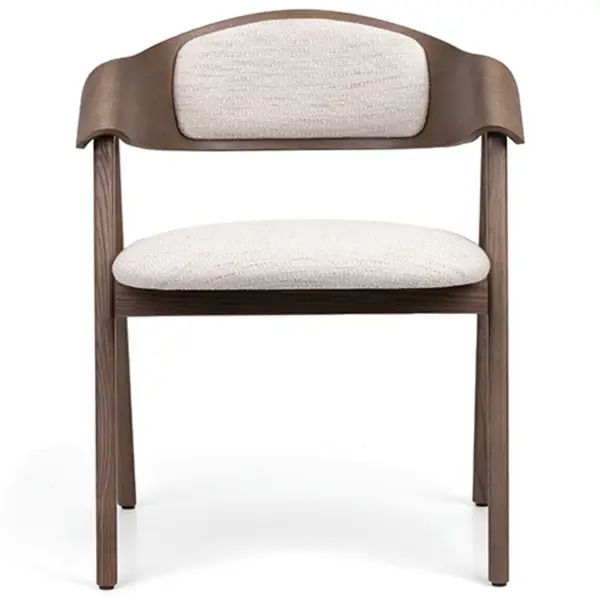 Front view of Ondina Armchair featuring a wooden frame, upholstered seat, and woven cane back detail. Modern and refined design.