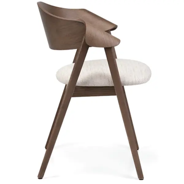 Side view of an Ondina Armchair featuring a wooden frame and upholstered seat in neutral color. Stylish seating.