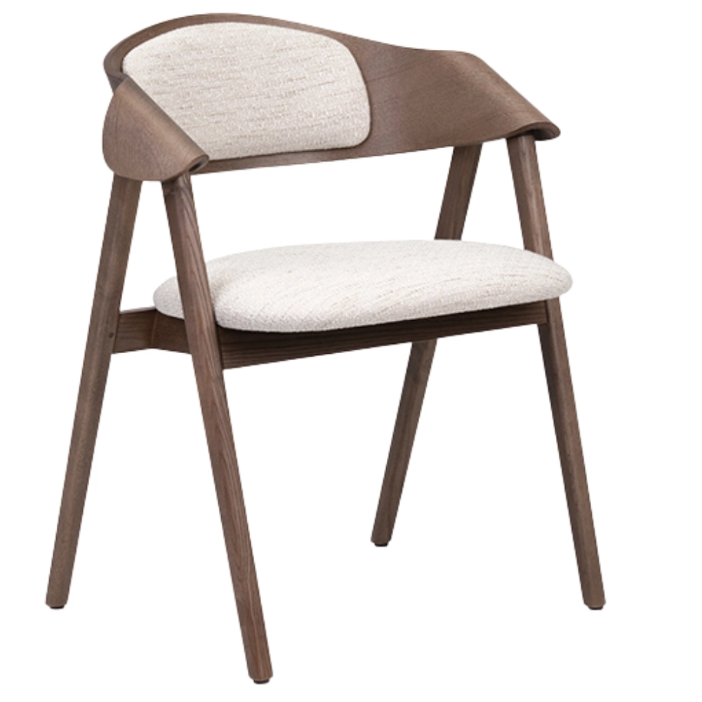 Angled view of the Ondina Armchair featuring a curved wooden frame and upholstered seat and back in neutral fabric.