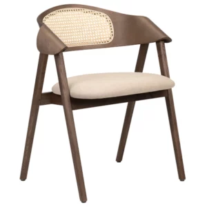 Angled view of the Ondina Cane Armchair, featuring a wooden frame, cane back and upholstered seat in a neutral tone.