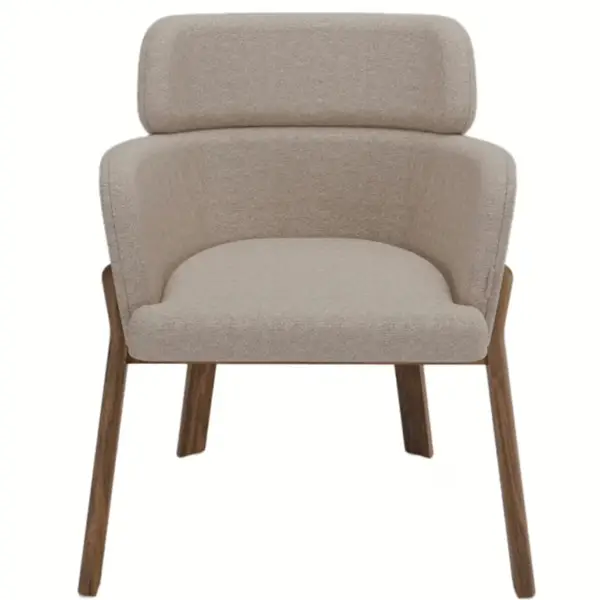 Front view of the Selene Armchair featuring a light beige upholstered seat and back with a wooden frame.