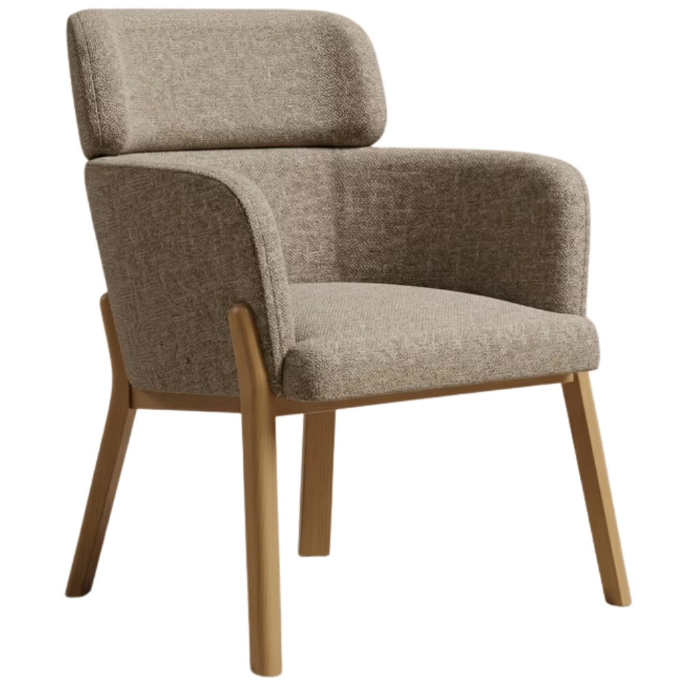 The Selene Armchair in front view, featuring light brown upholstery and a wooden frame, ideal for commercial spaces.