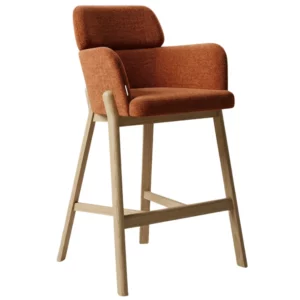 Angled view of a modern Selene Barstool featuring an orange upholstered seat and back with a light wood frame, showcasing its design.