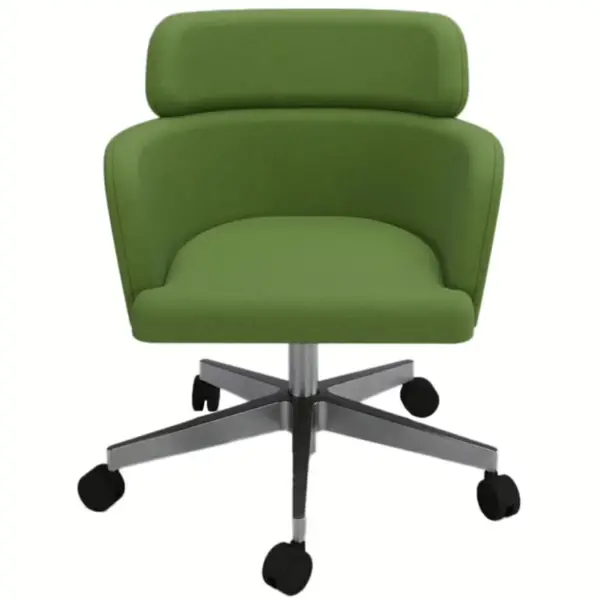 Front view of a green upholstered Selene Desk Chair with a metal frame and rolling casters on a white background.