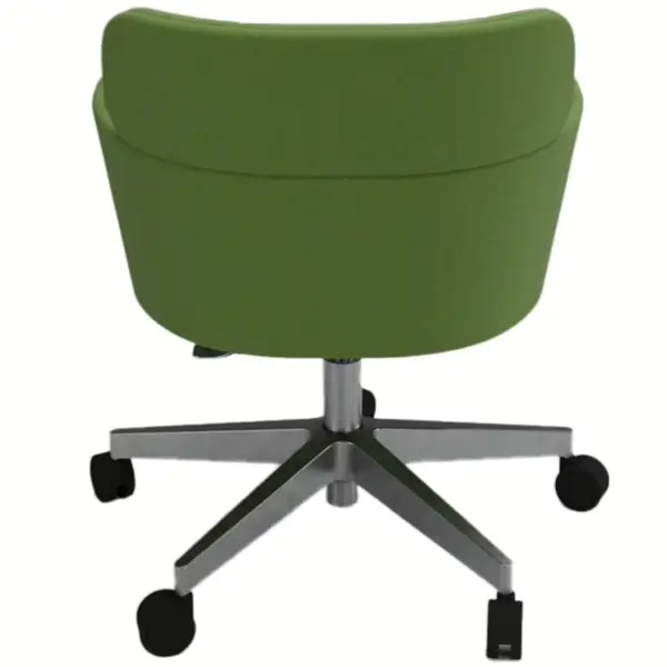 Rear view of the green Selene Desk Chair featuring a metal frame and upholstered seat, showcasing its rolling base.