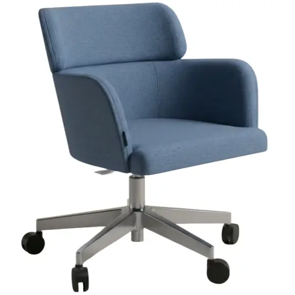 Angled view of a contemporary blue upholstered Selene Desk Chair with metal frame and caster wheels on a white background.