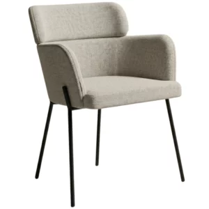 Angled view of the Selene M Armchair featuring a light grey upholstered seat and back with a slim black metal frame.