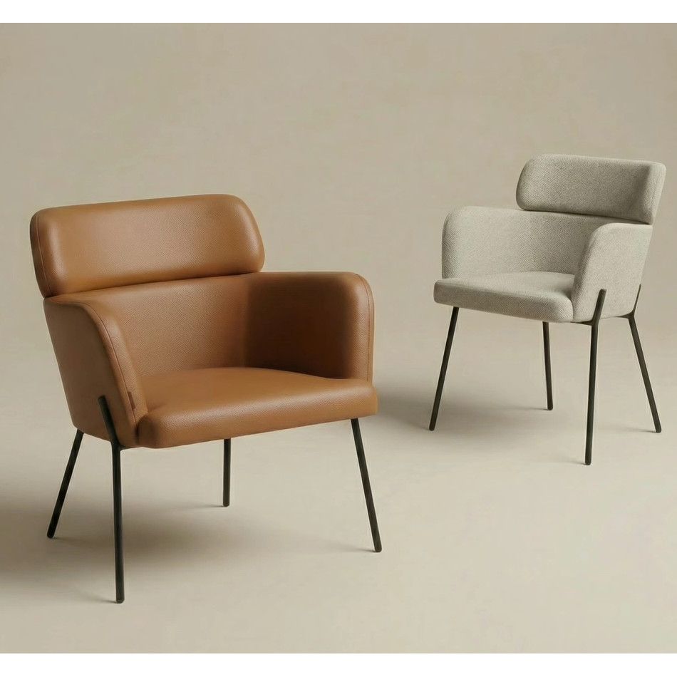 Two Selene M Armchairs: one in brown leather, the other in light gray fabric, both with black metal legs.