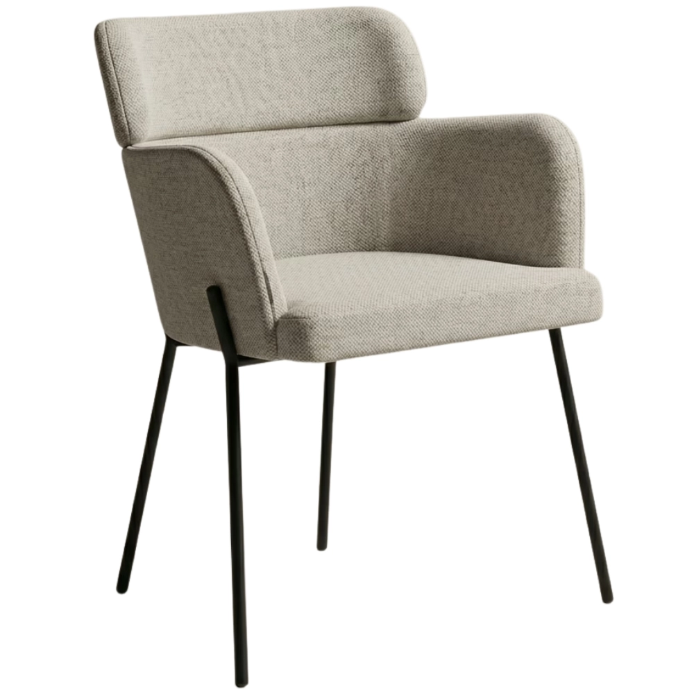 Angled view of the Selene M Armchair featuring a light grey upholstered seat and back with a slim black metal frame.