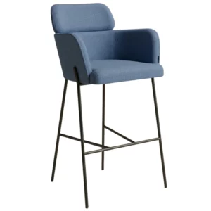 Side view of a blue, upholstered Selene M Barstool with a black metal frame, ideal for commercial lounge areas.