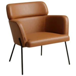 Angled studio shot of a tan Selene M Lounge Chair with a metal frame and upholstered seat and back.
