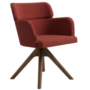 Upholstered Selene Swivel Armchair in rust fabric with wood base. Modern desk chair for commercial environments.