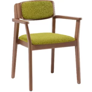 Wave Armchair: Wooden frame with green upholstered seat and back, integrated wooden arms, four-legged base, front view.
