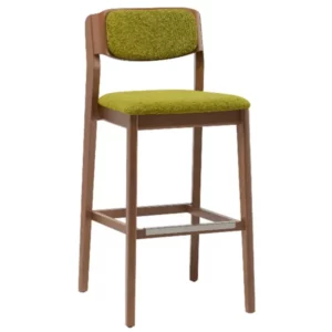 Wave Barstool: Wooden frame, upholstered green seat and back, metal footrest. Ideal for commercial settings. Front view.