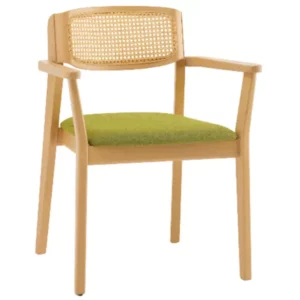 Wave Cane Armchair with a light wood frame, green upholstered seat, and woven cane back. Contemporary furniture design.