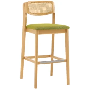 Wave Cane Barstool with wooden frame, upholstered green seat and woven cane back, ideal for commercial bar and cafe spaces.