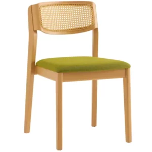 Wave Cane Side Chair: Wooden frame, green upholstered seat, and woven cane back detail. Stackable, 4-legged base. 