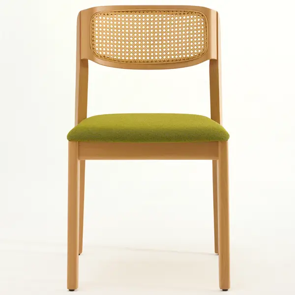 Front view of the Wave Cane Side Chair showcasing its wooden frame, woven cane back, and a vibrant green upholstered seat.