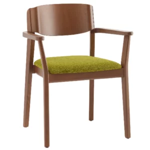 Wave W Armchair: Wood frame side chair with green upholstered seat pad and curved backrest, showcasing a blend of natural materials.