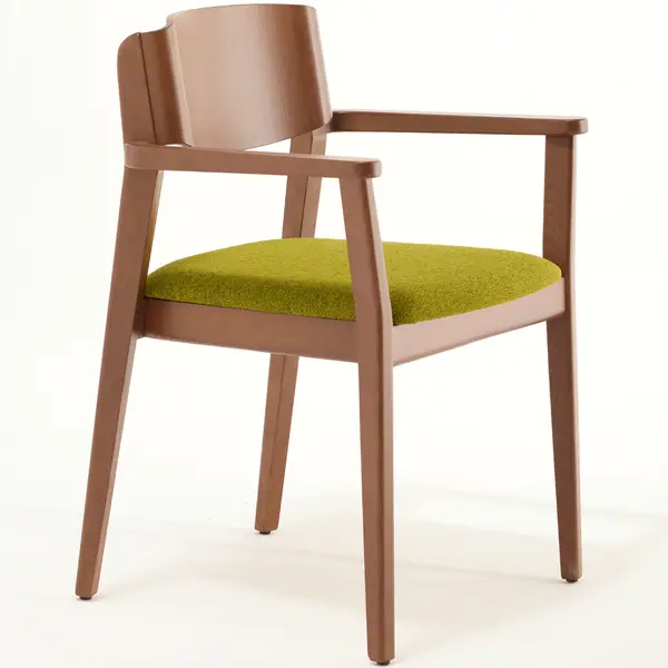Crafted with a light wood frame, the Wave W Armchair features a vibrant green fabric seat and a curved back, blending comfort and style.