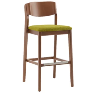 Wave W Barstool with a wood frame and a vibrant green upholstered seat, showcasing its 4-legged base and modern design.