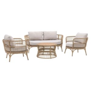 Coral Lounge Set featuring two rattan armchairs and a sofa with beige cushions around a round rattan coffee table.