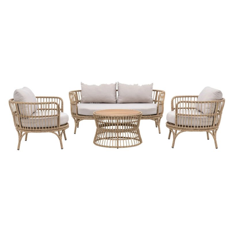 Studio shot of the Coral Lounge Set including a sofa, two chairs, and a round wooden coffee table on white background.