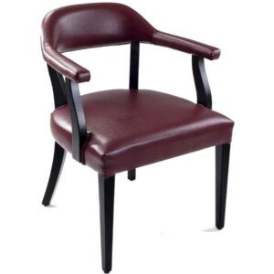 Drowell Armchair with deep burgundy upholstered seat and backrest on a sleek black wooden frame against white background.