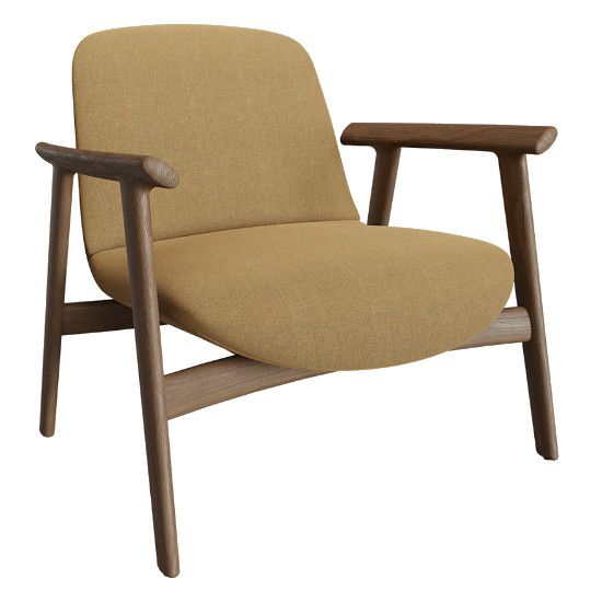 Ekuru lounge chair with a mustard upholstered seat and back, featuring a dark wood frame in a modern, low-profile design.