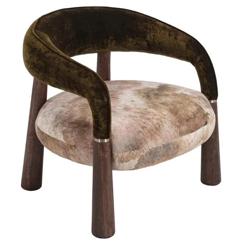 Flow Lounge Chair with dark olive velvet back, patterned seat, and solid wooden legs in a wide-angle view.