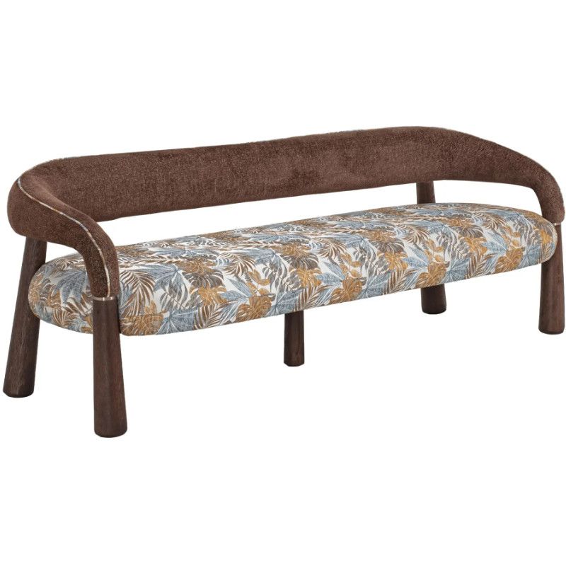 Flow Sofa with brown textured backrest and patterned leaf-print seat on a dark wooden frame, viewed from the front.