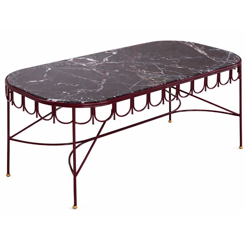 Halycon coffee table with a dark marble top and ornate burgundy metal frame, high-angle view on a white background.