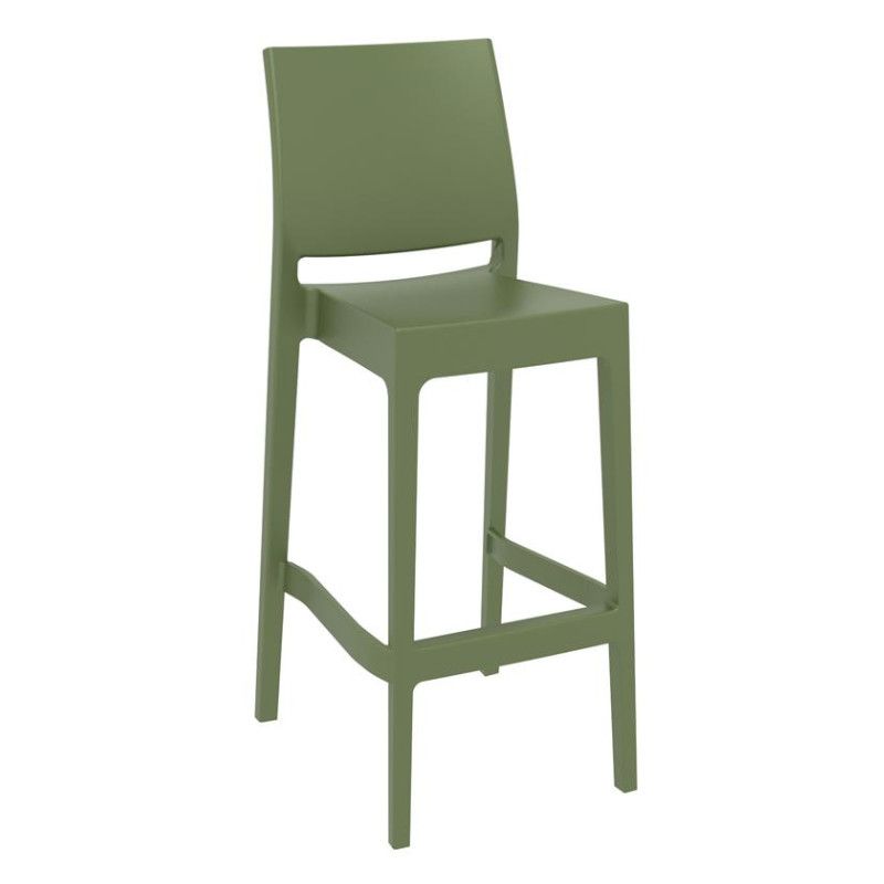 Maya barstool Modern olive green Maya barstool with a minimalist four-legged polypropylene design, shown from a front-angle view.