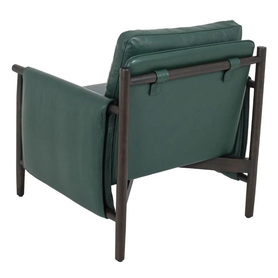 Rear perspective of the Merinal lounge chair showing deep green upholstered cushions and a dark stained wood frame.