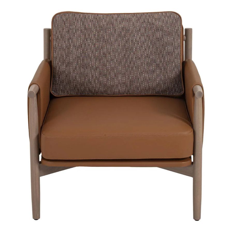 Front view of the Merinal lounge chair with a smooth tan seat, textured brown backrest, and light wood frame.