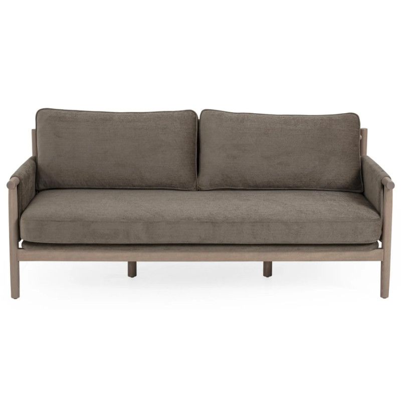 Merinal sofa in a direct front view, showcasing a natural timber frame and soft taupe upholstered seat and backrest.