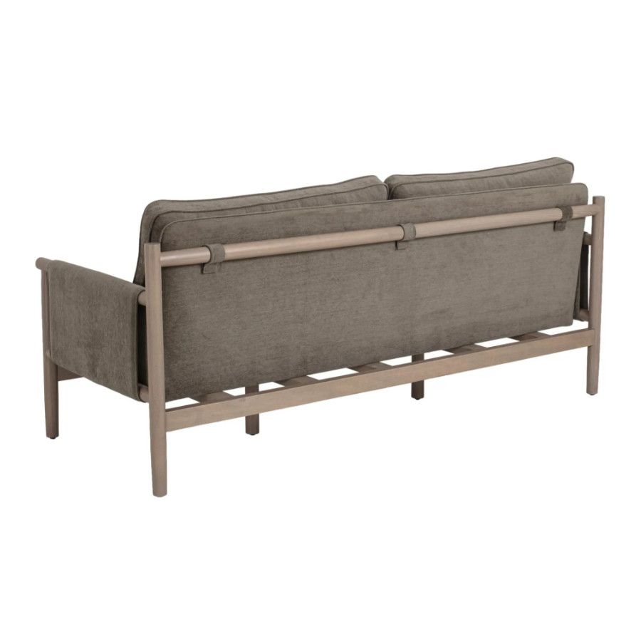 Rear perspective of the Merinal sofa showing its structured wood frame and suspended grey upholstered back cushions.