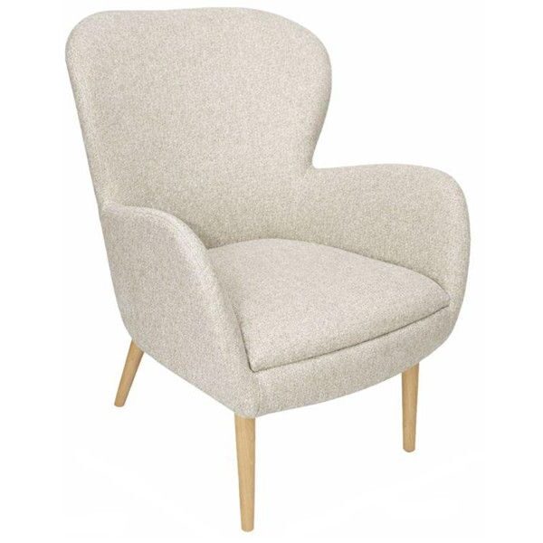 Prime lounge chair Prime Lounge Chair in cream textured fabric with a high curved backrest and natural light wooden legs on white background.